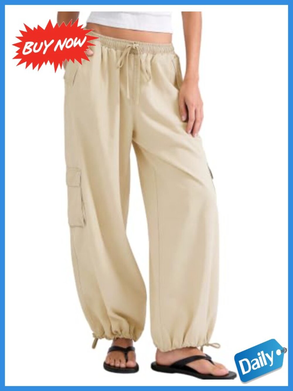 Womens Baggy Cargo Pants Parachute Hiking Pockets Drawstring Loose Fit